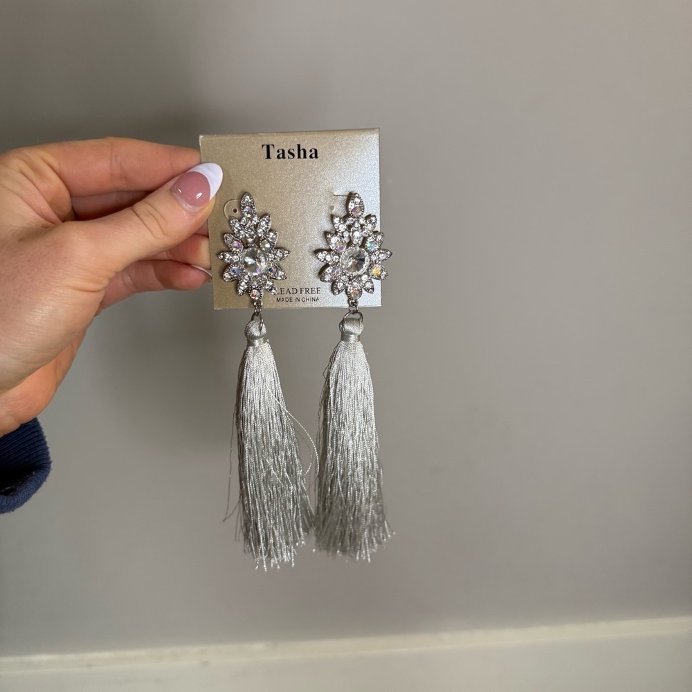 Tasha Silver Grey Tassel Earrings with Rhinestones